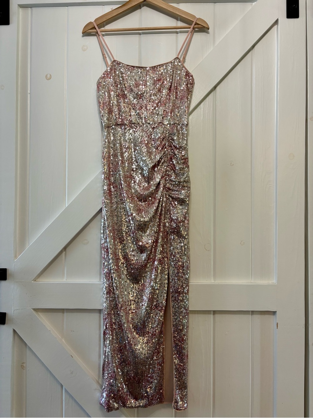 Saylor Claude Sequin Spaghetti-Strap Midi Dress Rose Gold Metallic Ruched XS